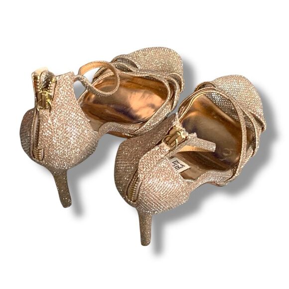 Badgley Mischka Gold Glitter Heels Size 9 Zip Back Strappy Platform Stilettos - Picture 5 of 11